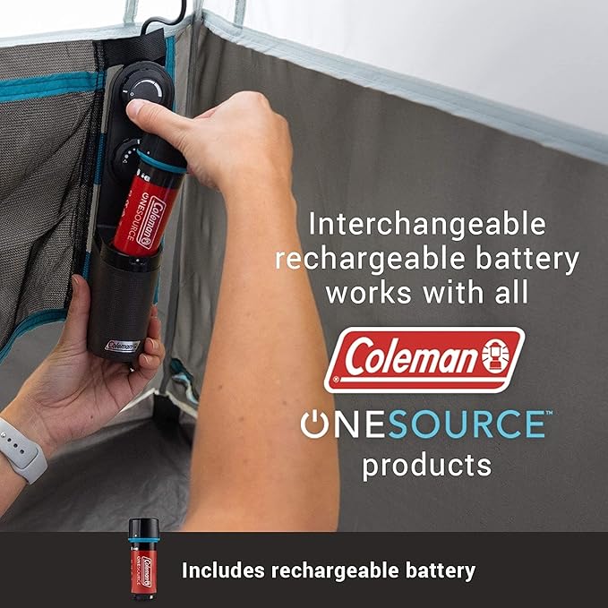 Coleman OneSource Rechargeable 4/6 Person Camping Tent with Airflow System &amp LED Lighting Includes Rainfly Tent Fan Lights and Interchangeable Battery Pack Easy Setup Tent for Camping