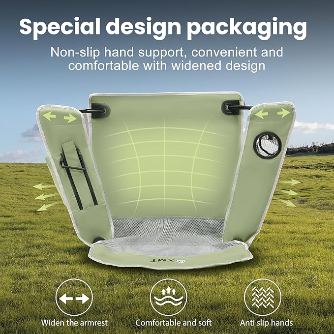 Portable Outdoor Folding Chair with Cup Holder &amp Cooler Bag - Breathable Mesh Wide Armrests Ergonomic Design for Camping Beach Backyard - Includes Storage Bag &amp Bottle Opener (Black/Green/