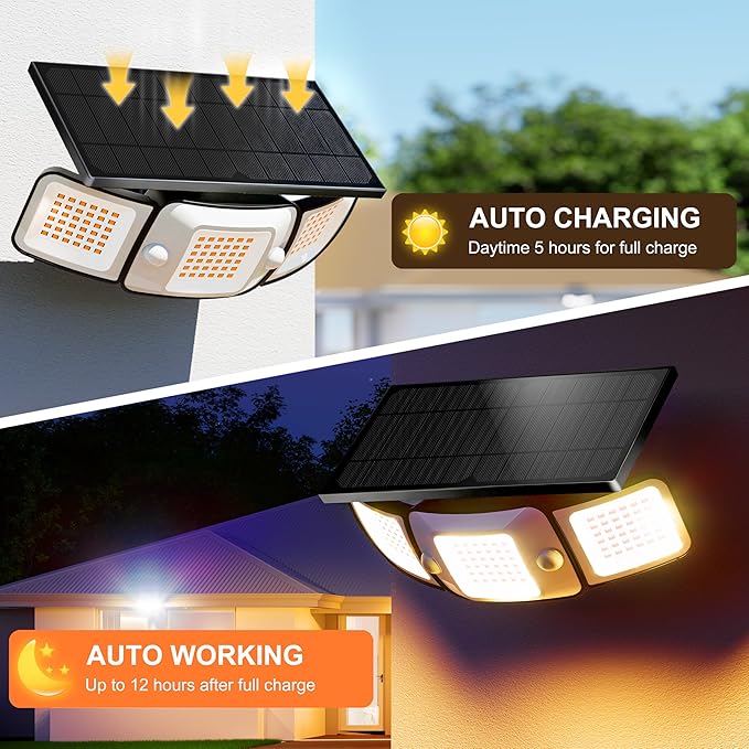 intelamp Outdoor Solar Flood Light Waterproof Upgraded 6000mAh 1500LM/3000K Warm White 108 LED Dual Motion Sensor Dusk to Dawn Security Floodlight Exterior with Remote for Outside Garden Yard