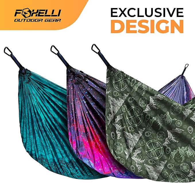 Foxelli Camping Hammock – Ultralight Hammock for Backpacking Hiking Festivals Travel - Easy Setup with Tree-Friendly Ropes &amp Steel Carabiners Heavy Duty Parachute Nylon