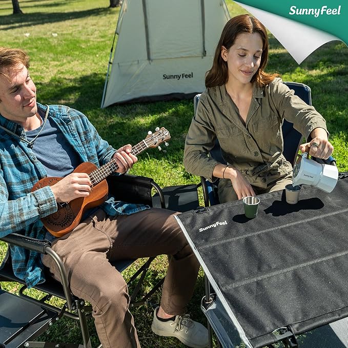 SUNNYFEEL Folding Camping Table- Collapsible Portable Beach Table with 4 Cup Holders &amp Carry Bags Tailgate Table for Outdoor Excursion Picnic Hiking Fishing Travel Parties Black