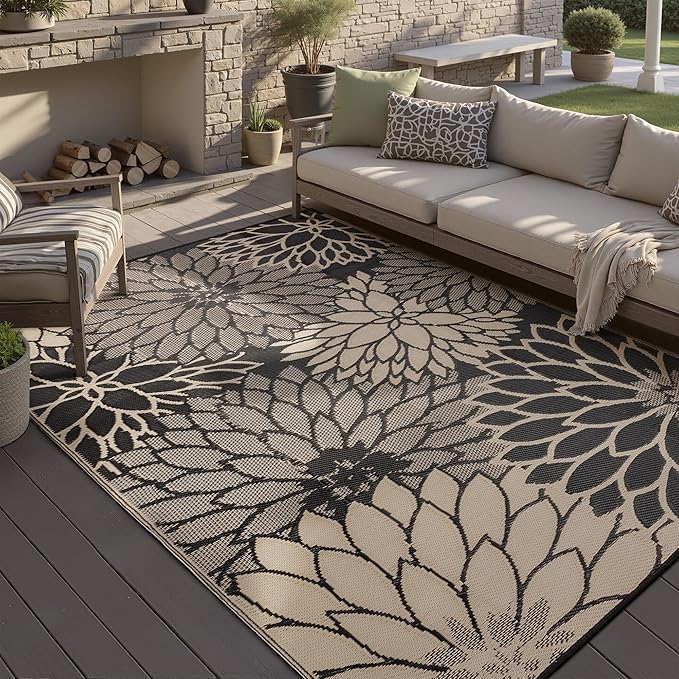 HUGEAR 8'x10' Outdoor Rug Waterproof Plastic Straw Rugs Large Brown Reversible Floral Mat Floor Carpet for Camping RV Deck Entryance Porch Picnic Balcony Beach Backyard