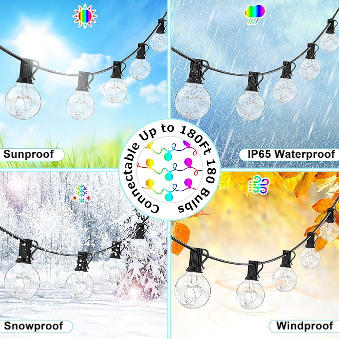 LED Outdoor String Lights 30FT Connectable G40 Patio Light Outdoor Waterproof with 30 LED Bulbs RGB Color Changing Cafe Decorative Lights with Remote for Outside Camping Gazebo Party Balcony Decor