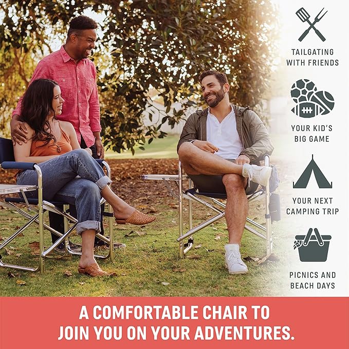 Picnic TIME Sports Chair with Side Table and Armrest Caddy Lightweight Aluminum Folding Outdoor Camping Chair for Adults Portable Director Style Lawn Seating with Pockets &amp Carry Strap (Navy Bl
