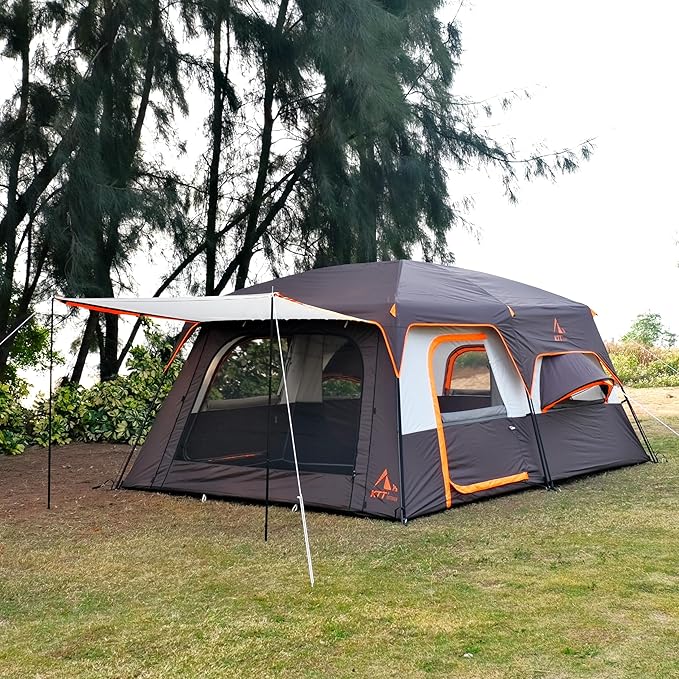 KTT Extra Large Tent 10-12-14 Person(Style-B)Family Cabin Tents2 Rooms3 Doors and 3 Windows with MeshStraight WallWaterproofDouble LayerBig Tent for OutdoorPicnicCampingFamily Gathering