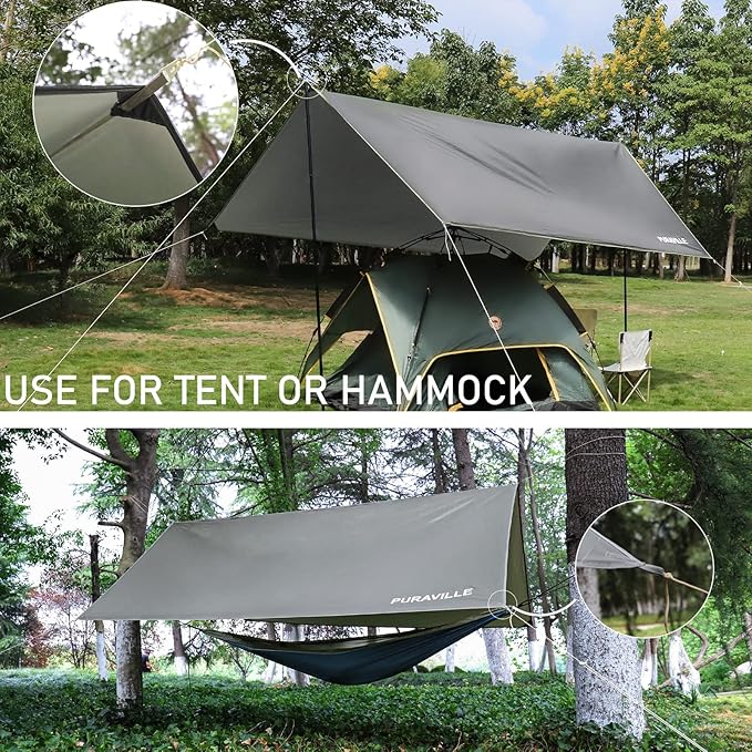 Puraville 10x10 ft Rectangle Lightweight Camping Tarps Portable Waterproof Hammock Rain Fly Tent Tarp for Camping Backpacking Grey