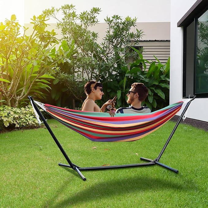 Double Hammock with StandBasics Double Hammock with Space Saving Metal Stand Indoor Hammock Stand with Carrying Bag Strong Load-BearingSuit for Outside Indoor Yard Camping Red