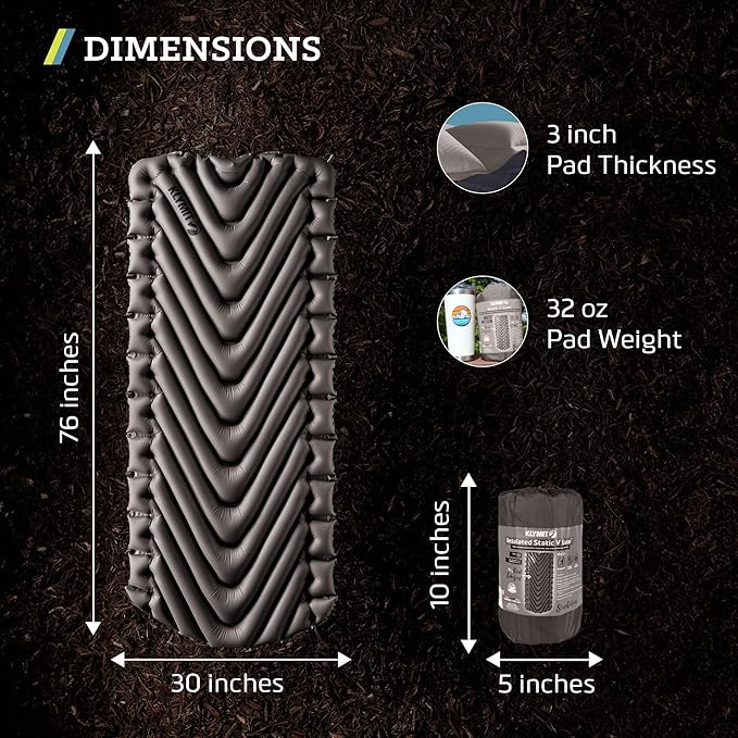 Klymit Static V Luxe Sleeping Pad Lightweight Lofted Camping Air Mattress for Tents and Cars with Body Mapping Tech 3 In Thick Grey