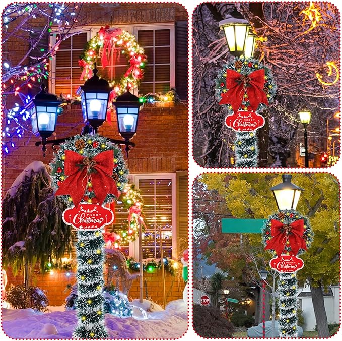 7 Pcs Christmas Lamp Post Decoration Set with Xmas Wreath Large Red Bow and 100 LEDs Solar Strip Light Outdoor Holiday Solar Post Lamp Decor for Garden Patios &ampYards