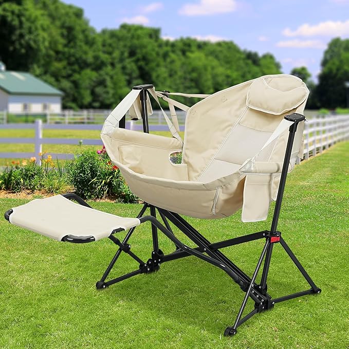Ainfox Hammock Chair with Footrest Oversized Swinging Portable Folding Camping Chairs for Adults Outside Swinging Camp with Cup Holder Pillow for Outdoor Patio Lawn Beige