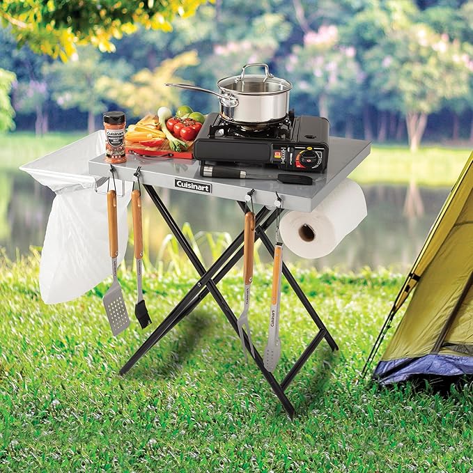 Cuisinart Fold ‘n Go Prep Table Portable Folding Table and Grill Stand with Tool hooks Trash Bag Holder Paper Towel Rack 24” x 20” Steel Food Prep Station Perfect for BBQs Tailgates and Camping