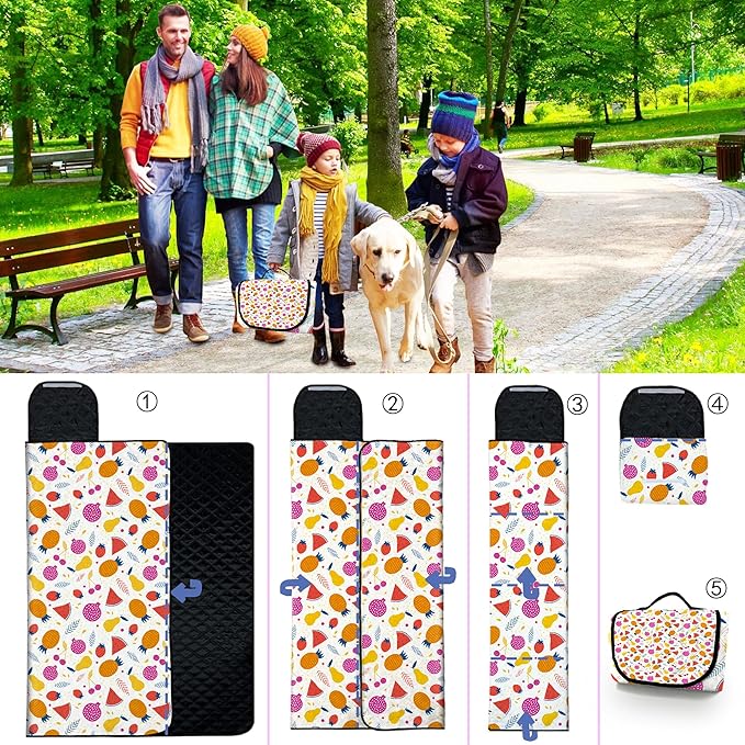 Poedist Extra Large Picnic Blanket Waterproof80x 80Foldable Machine Washable Beach BlanketOutdoor Blanket for 6-8 AdultsSuitable for Indoor CrawlingPark BeachCampingHikingFamily Travel(Fruit