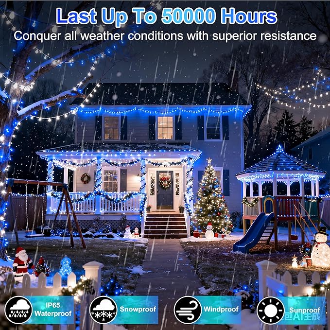 1500 LED 470FT Christmas String Lights Outdoor 12 Pro Modes and Timer Memory &amp Brightness Plug in Waterproof Clear Wire Twinkle Light for for Xmas Yard Tree Wedding Party Decor (Blue &amp White