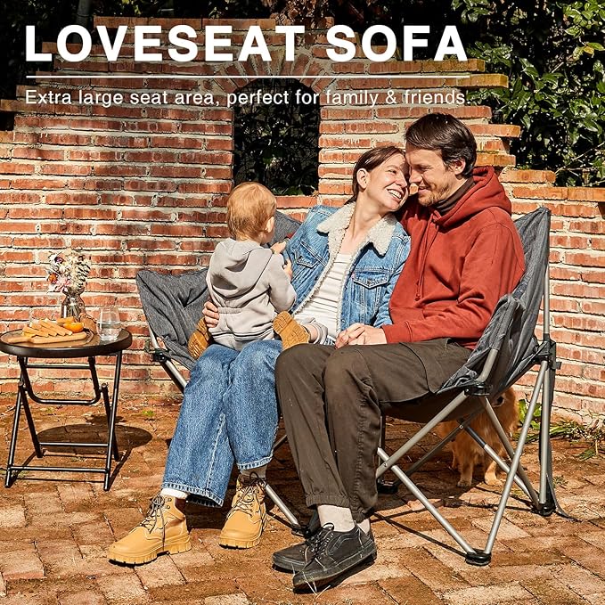 EVER ADVANCED Double Camping Chair for Adults Padded Folding Camping Love Seat Bench with Side Pocket Portable Camping Couch Two Person Heavy Duty Folding Outdoor Chair with CushionSupport 600lbs