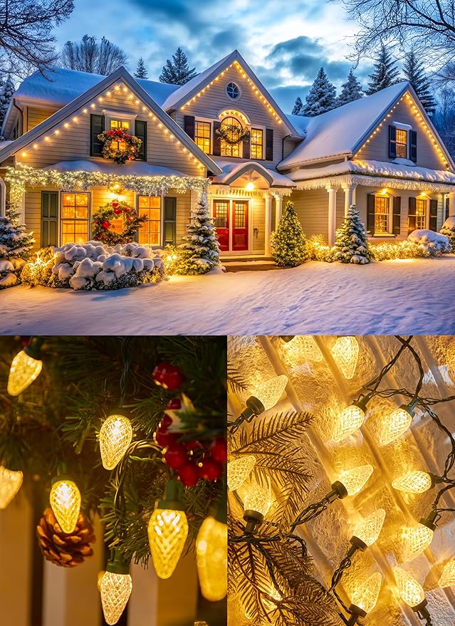 C9 Christmas Lights Outdoor 114 Feet 150 LED C9 String Lights with Timer &amp 8 Light Modes Waterproof Commercial Grade Connectable Christmas Tree Lights for Indoor Outside Roofline Patio Warm Whi