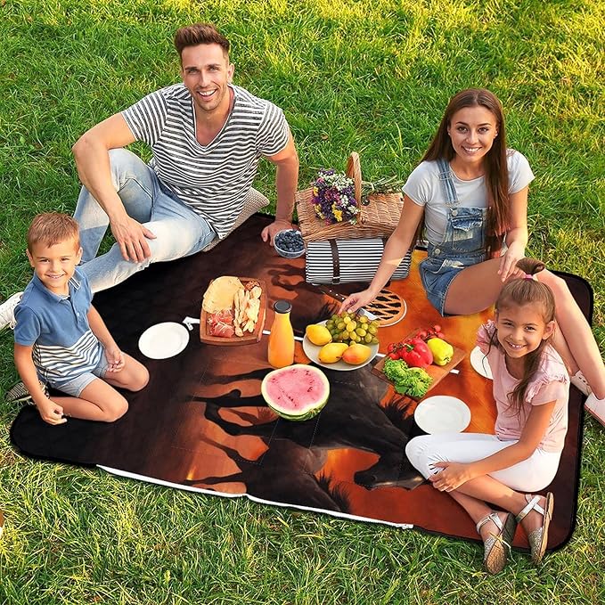 Zipper Horses Red Glowing Clouds Style Picnic Mat Suitable for Travel Camping Park Or Home Use