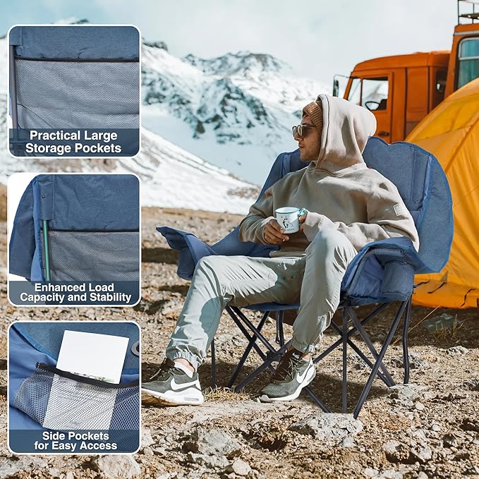 Oversized Camping Chair Portable Folding Padded Camp Chairs with Side Pocket Cup Holder Heavy Duty Support 500LBS Outdoor Lounge Chair for Adults Fishing Sports Trip Navy Blue