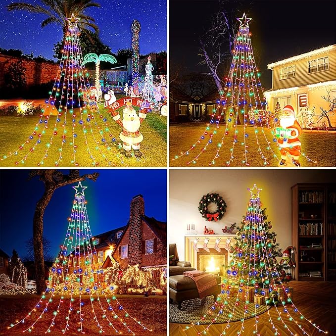 Christmas Decoration Lights Outdoor Christmas String Light 320 LED 11.5 Ft Waterfall Tree Lights with Big Star Topper 8 Light Modes for Xmas New Year Holiday Garden Yard Indoor Outdoor Decor