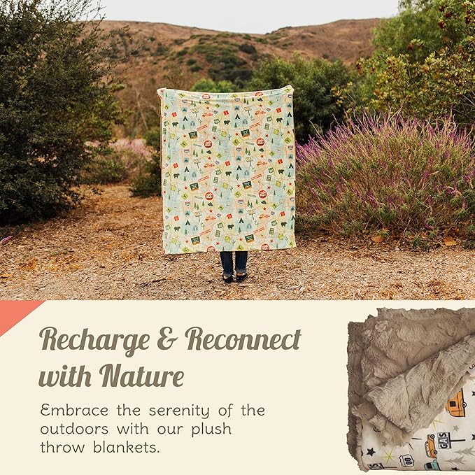 Throw Blanket for Camping - Plush Reversible Camping Blanket for Indoor &amp Outdoor Settings - Machine Washable Soft Blanket - 100% Polyester Cozy Blanket with Retro-Inspired Patterns Camp Casual