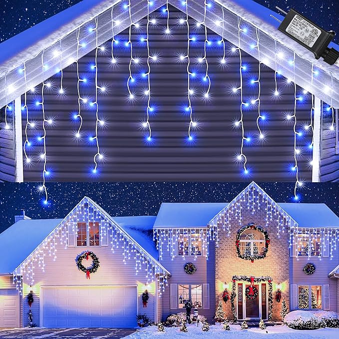 Toodour White &amp Blue Christmas Icicle Lights 29.5ft 360 LED Icicle Lights 8 Modes 60 Drops Window Curtain Led Christmas Light Icicle Twinkle Light for Eaves Party Wedding Xmas Decorations
