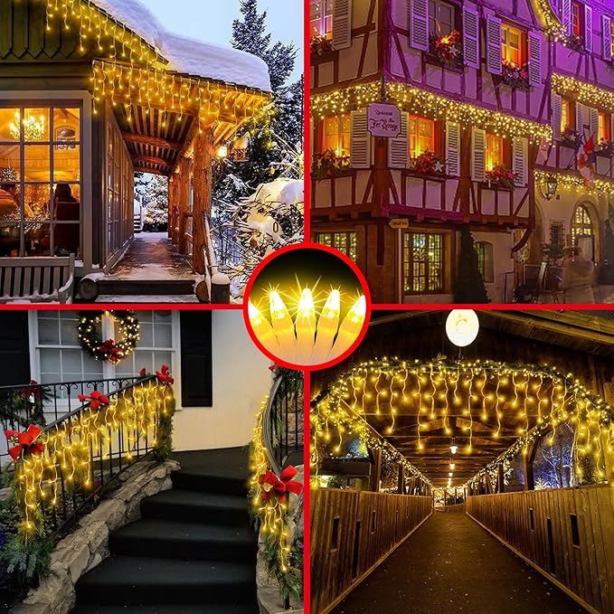 1296LED Christmas Lights with 288 Drops 131ft 8 Modes Christmas String Lights Outdoor Waterproof Christmas Decorations Fairy Lights with Timer Memory for Xmas Party Patio Window Fence Warm White