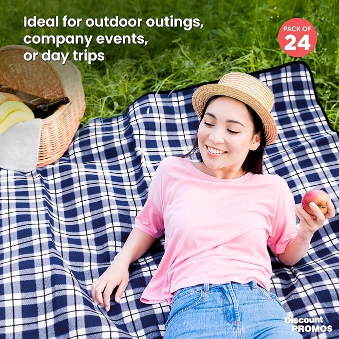 DISCOUNT PROMOS 24 Brookhaven Roll Up Picnic Blankets Set - Customizable Text Logo - Fleece Woven Handle - Navy Blue