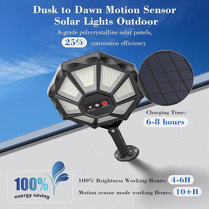 Solar Lights Outdoor - 6500K Solar Street Lights Outdoor Motion Sensor&ampDusk to Dawn Flood Light 168LED 8 Sides 360°Wide Angle Security Flood Light IP66 Waterproof with Remote for Yard/Pool(2 P