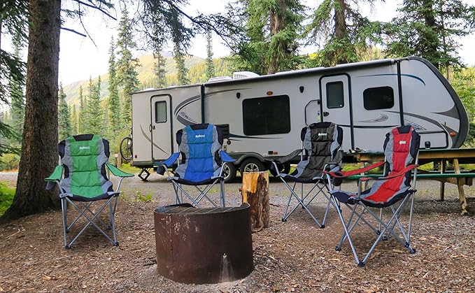 GigaTent Blue Folding Camping Chair – Ultra Lightweight Collapsible Quad Padded Lawn Seat with Full Back Arm Rests Cup Holder and Shoulder Strap Carrying Bag – Powder Coated Steel Frame