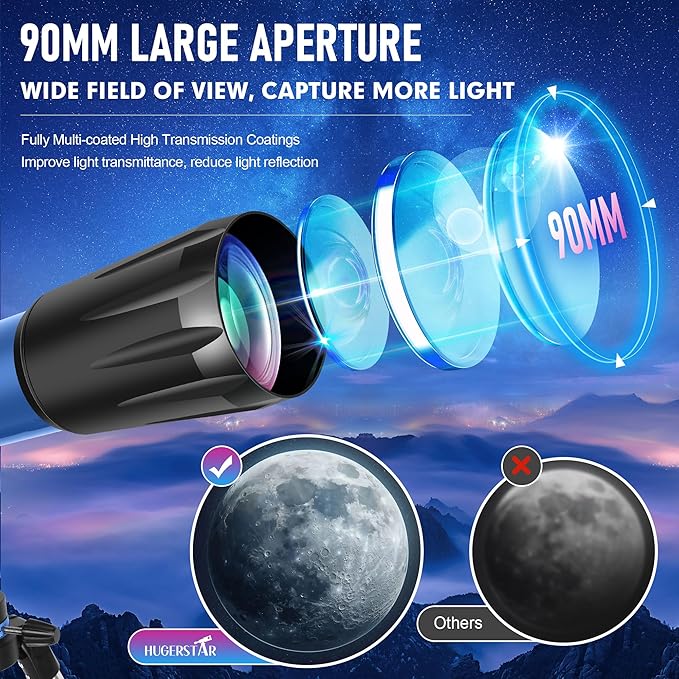 Telescope Telescope for Adults High Powered 90mm Aperture 800mm Professional Refractor Telescopes for Adults Astronomy Beginners with AZ Mount Stainless Tripod Carry Bag and Moon Filter