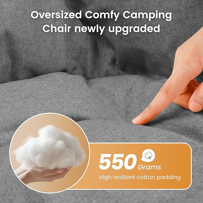 OUTDOOR LIVING SUNTIME Oversized Padded Comfy Camping Chair with Removable FootrestWeight Capacity 400LBS Heavy Duty Moon Round Leisure Folding Chair for Camping Hiking Carry Bag Orange