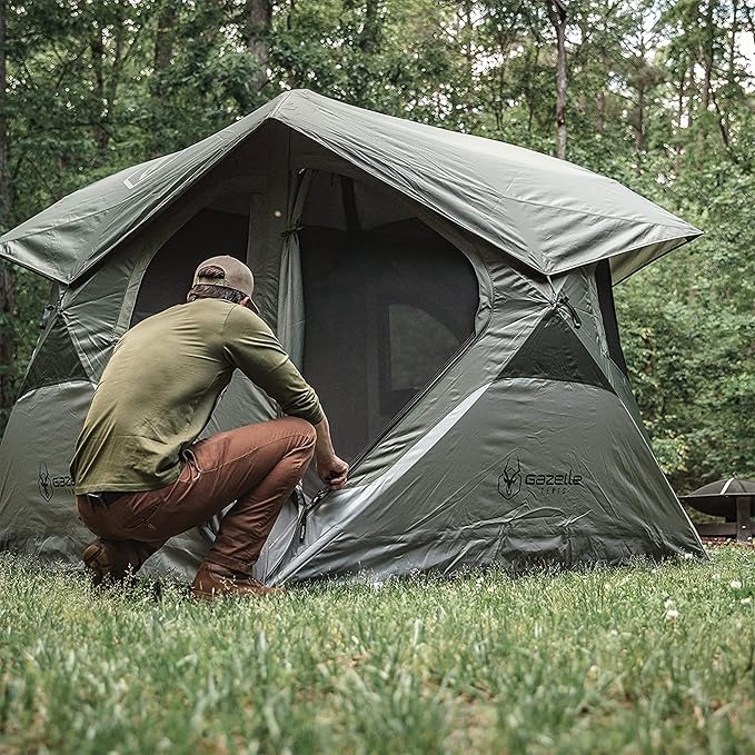 Gazelle Tents™ T4 Hub Tent Easy 90 Second Set-Up Waterproof UV Resistant Removable Floor Ample Storage Options 4-Person Alpine Green 94 x 94 x 78 GT400GR