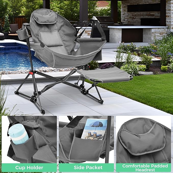 Ainfox Hammock Camping Chair with Footrest Heavy Duty Foldable Portable Rocking Hammock Chairs Outside Swinging Camp with Cup Holder Pillow for Outdoor Patio Poolside Grey 2 Pack