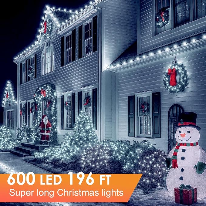 Christmas Lights 600 LED 196FT IP67 Waterproof Christmas Tree Lights with 8 Modes Outdoor String Lights with Timers &amp Memory Function Xmas Light for Holiday Decor (Cool White)