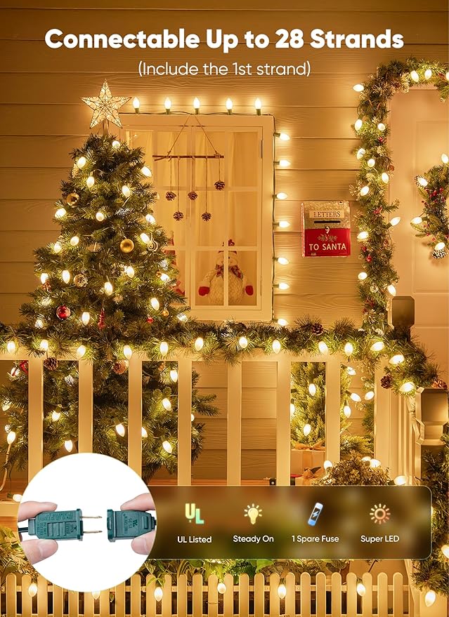 Minetom Vintage C9 LED Christmas Lights Outdoor 25 Feet C9 String Lights with 25 Shatterproof Matte Bulbs Connectable Waterproof Lights for Holiday Party Roofline Backyard Garden Patio Warm White
