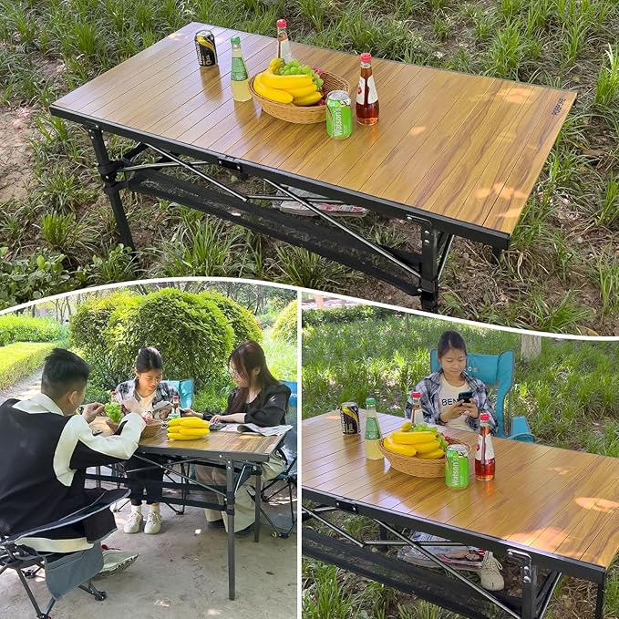 Large Folding Camping Table Aluminum with Storage for 4-6 People 55X27.5 Roll Up Tall Outdoor Portable Table Lightweight with Carry Bag for Picnic BBQ Backyard Beach