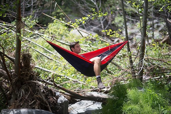 Hammock Bliss Single - Camping Hammock - Camping Essentials Portable Hammock - The Longest Single Hammock On Earth for Outside Hiking and Travel (Navy/Red)