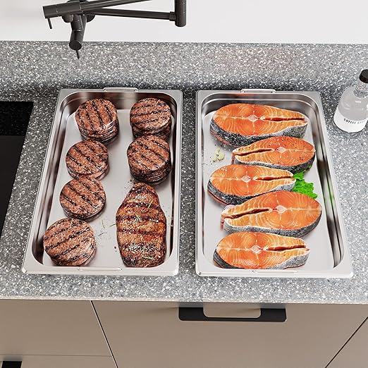 6 Pack Full Size Hotel Pan Steam Table Pan [NSF Certified][with Lid] Catering Food Pan Commercial Stainless Steel 4 Inch Deep Anti-Jamming