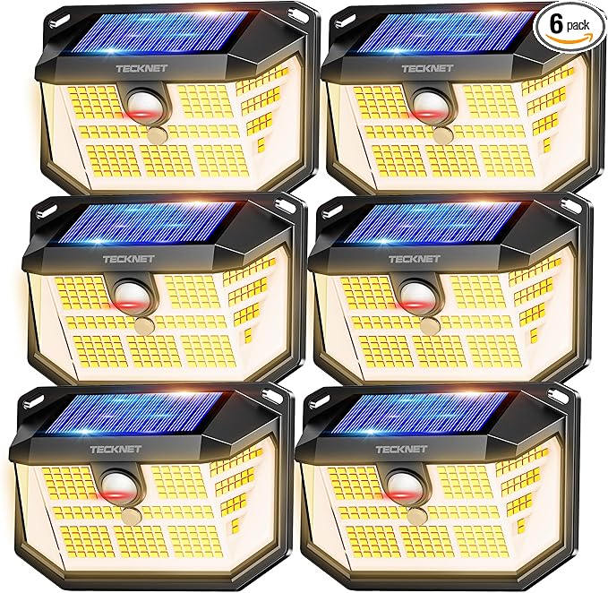 TECKNET 231 LED Motion Sensor Outdoor Lights 6 Pack 300° Solar Security Wall Lights 3 Lighting Modes IP65 Waterproof PIR Motion Sensor for Outside Fence Garden Yard Deck Garage - Warm White