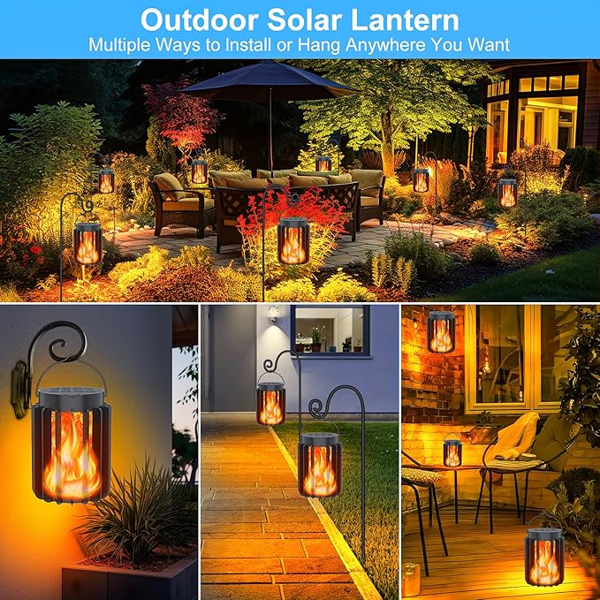 Solar Lantern Outdoor Lights 4 Pack Upgraded Flickering Flame Solar Lanterns Lights Outdoor Waterproof Hanging Lantern Decorative Solar Powered Lanterns for Yard Patio Path Garden Decor