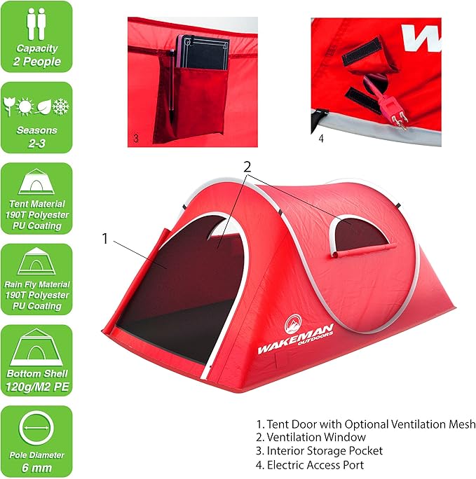 Pop-up Tent 2 Person Water Resistant Barrel Style Tent for Camping with Rain Fly and Carry Bag Starchaser 2-Person Tent by Wakeman Outdoors (Red) 7 x 4.3