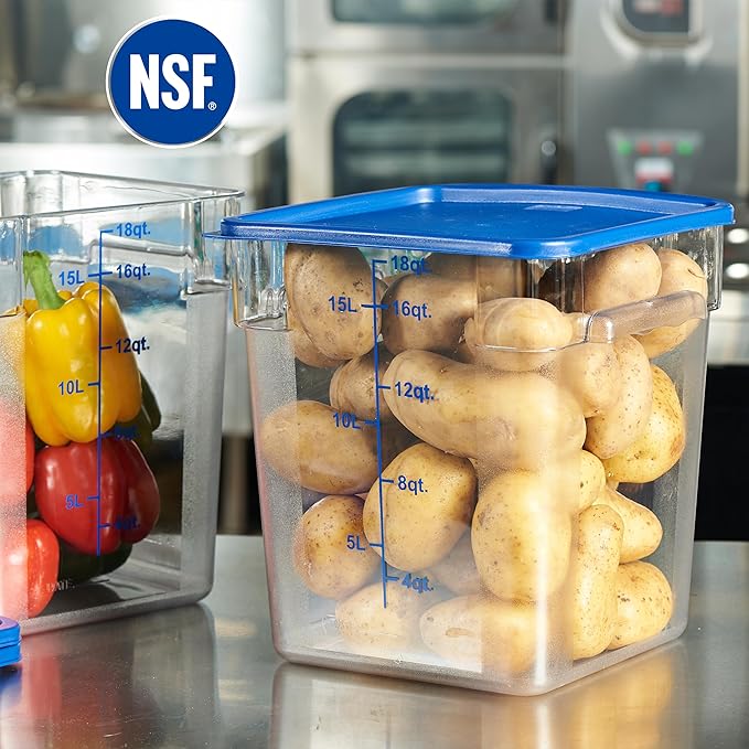 CURTA 8-Pack 18 Qt NSF Clear Polycarbonate Food Storage Containers with Blue Lids - Square Commercial-Grade Freezer &amp Dishwasher Safe Stackable