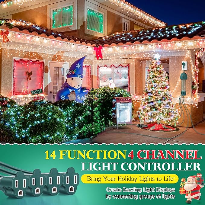 Christmas Light Controller with Remote Create Dazzling Lighting Displays with Multiple Functions Timer Dusk to Dawn Sensor Adjust Speed for Outdoor Indoor String Light (4 Channel 14 Functions)