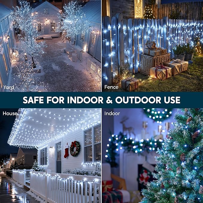 Joiedomi 600 LED Christmas Lights Outdoor198 FT Cool White Christmas Tree Lights with 8 Modes Timer PVC Green Wire String Lights with Reel for Indoor Outdoor Holiday Xmas Eve Night Decorations