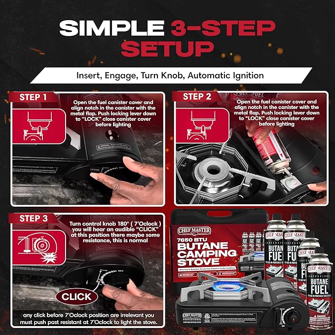 Portable Butane Camping Stove COMBO Piezo Ignition Wind-Guard 7650 BTU Portable Stove Burner w/ 4 x 8oz. Butane Fuel Canister for Emergencies Hiking &amp Outdoor Camping Essential by Chef Master 9