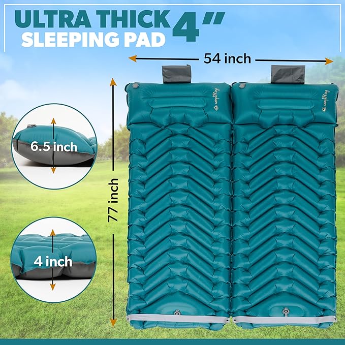 Sleeping Pad with Pillow Self Inflating Extra-Thick Ultralight Sleeping Mat Built-in Pump Ultimate for Camping Hiking Traveling Airpad Carry Bag Compact &amp Lightweight Air Mattress (Peacoc