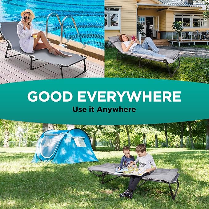 ZONETECH Folding Cot &amp Pad Mattress 4 Position Adjustable 2-Pack PortablePremium Quality for Adult and Kids-Perfect for Camping TravelPatioBeachIndoor &amp Outdoor Activity with Carry Bag