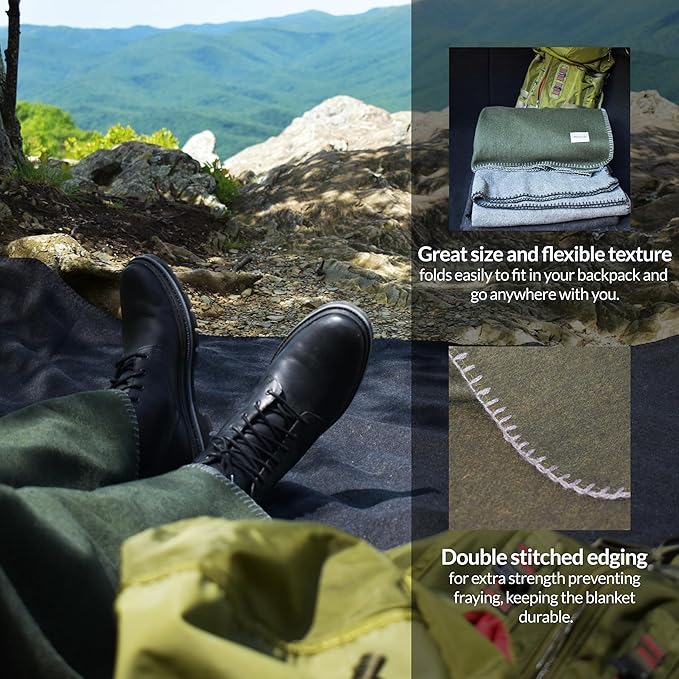 Military Style Wool Blanket – Cushioned Breathable Durable Warm &amp Washable – Double-Stitched Border–Great for Camping Outdoor First Aid Travel Car–Fire Retardant – 64x90 4.7 lb (Navy Blue