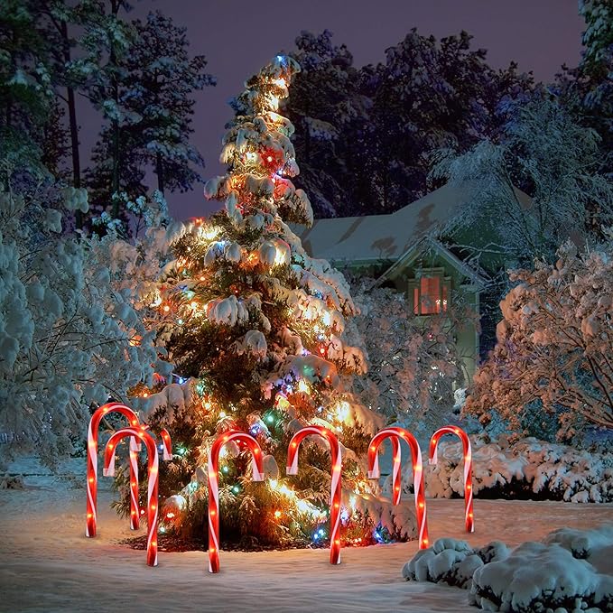 Candy Cane Lights - 10 Pack Candy Cane Pathway Lights 10 Christmas Candy Cane Light Red Outdoor Candy Cane Christmas Decor for Walkway Driveway Sidewalk Garden Xmas Path Stake Light Markers