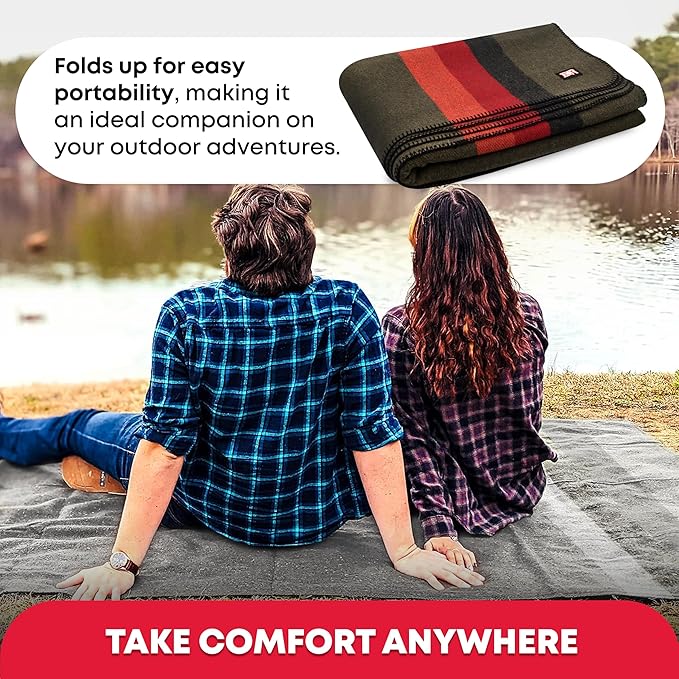 Ever Ready First Aid Military Wool Blanket - 95% Wool Washable Perfect for Outdoors Travel Car &amp Bushcraft Emergency Blanket 96 x 96 6.65 lbs. - Olive Drab Green with Stripes - Queen Size