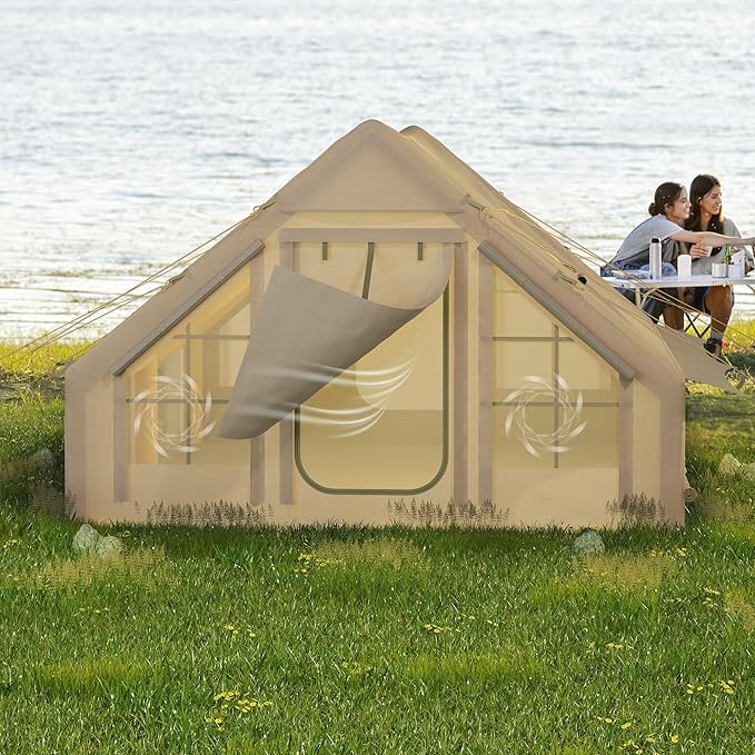 IDEALHOUSE Inflatable Camping Tent with Air Pump 6-8 Person Large Blow Up Tent for Family Waterproof Oxford Glamping Tent with Easy Setup Air Beam Portable Outdoor Tent for All Seasons Beige